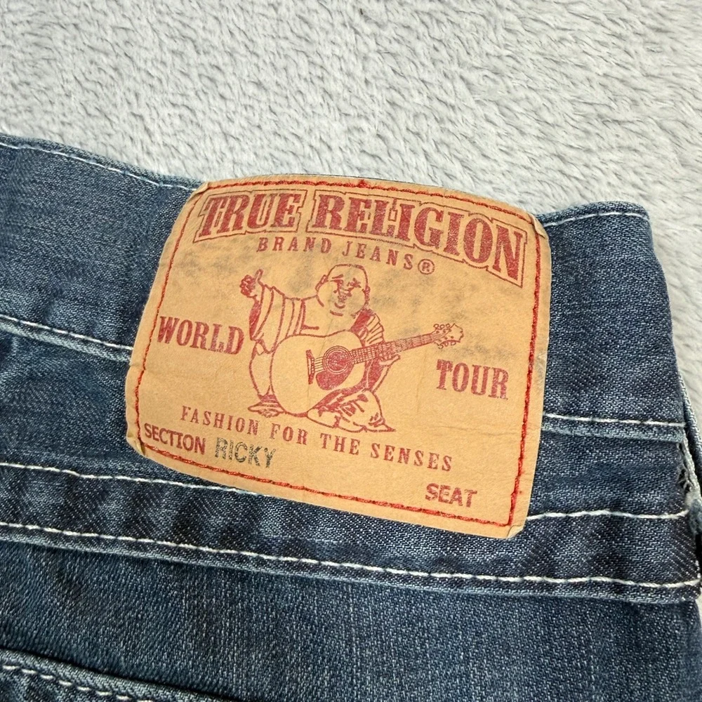 True Religion Ricky Jeans Men 34 (Fits 36x28) Blue Faded Whiskered Straight